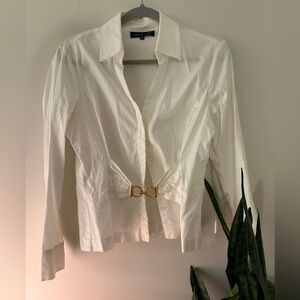 Jones New York White Button Down Shirt with Gold Buckle
